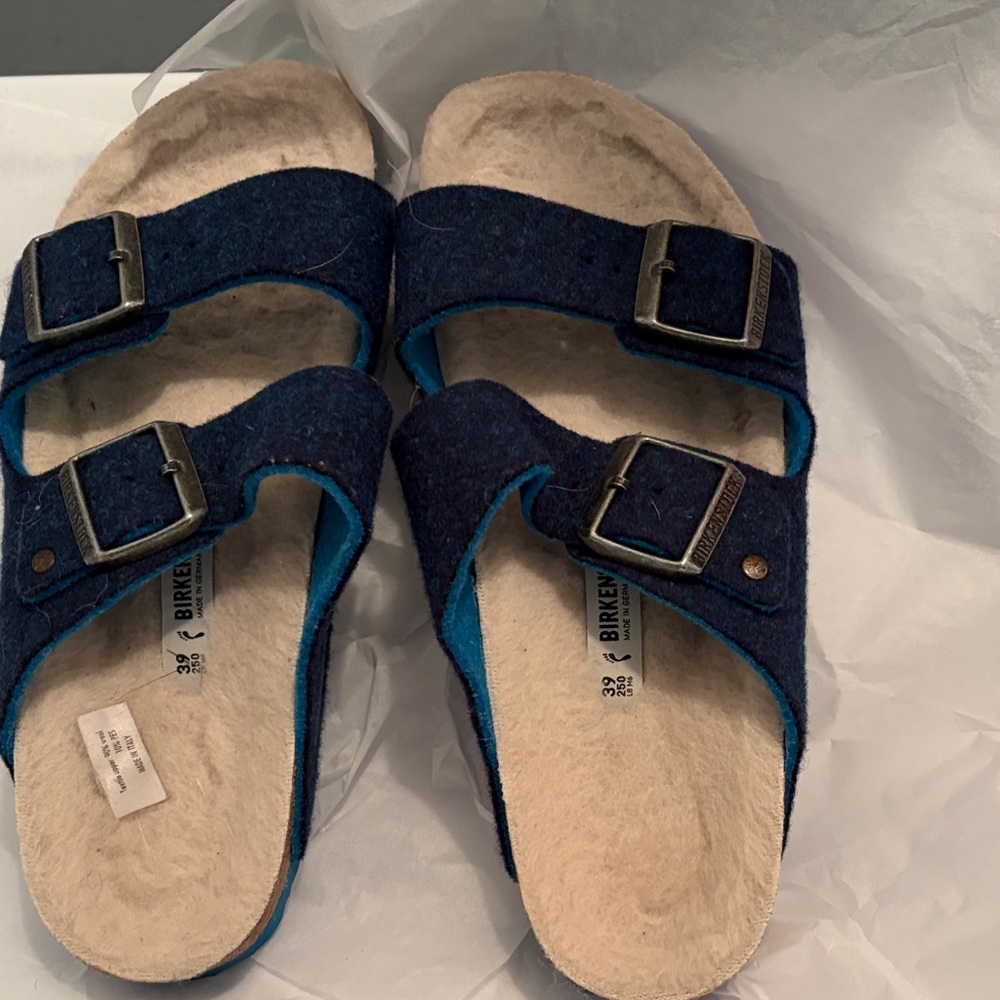 Birkenstock Arizona Two-Strap Sandals in Dark Blue with Teal Trim